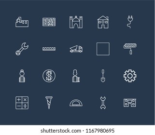 Set Of 20 black linear icons such as House, Wrench, Protractor, Screw, Calculator, Plug, Tractor, Worker, Ruler, Castle, editable stroke vector icon pack