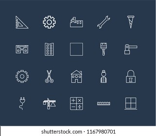 Set Of 20 black linear icons such as Window, Ruler, Calculator, Crane, Plug, Screw, Paint brush, Home, Settings, Building, Factory, editable stroke vector icon pack