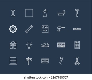Set Of 20 black linear icons such as Scissors, Plug, House, Crane, Window, Hammer, Driller, Dumper, Home, Wrench, Sink, editable stroke vector icon pack