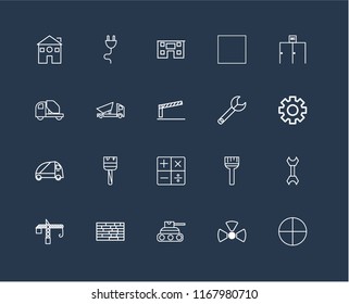Set Of 20 black linear icons such as Windows, Nuclear, Tank, Brick wall, Crane, Toilet, Wrench, Calculator, Truck, Dumper, House, editable stroke vector icon pack