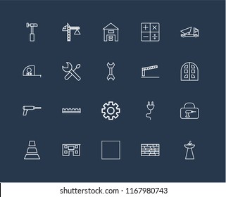 Set Of 20 black linear icons such as Sink, Brick wall, Tractor, House, Cone, Dumper, Barrier, Settings, Driller, Screriver, Warehouse, editable stroke vector icon pack
