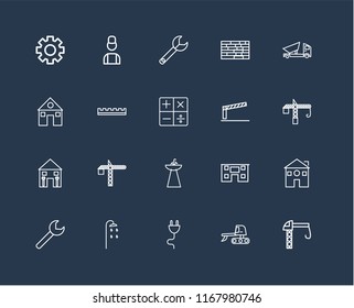 Set Of 20 black linear icons such as Crane, Excavator, Plug, Shower, Wrench, Dumper, Barrier, Sink, Home repair, Ruler, editable stroke vector icon pack