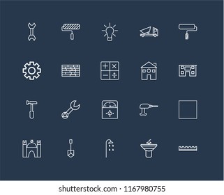 Set Of 20 black linear icons such as Ruler, Sink, Shower, Shovel, Castle, Paint roller, Home, Voltmeter, Hammer, Brick wall, Idea, editable stroke vector icon pack