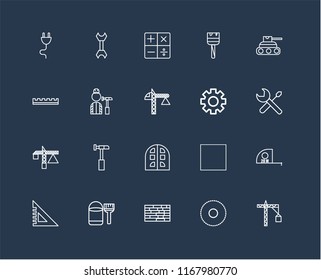 Set Of 20 black linear icons such as Crane, Circular saw, Brick wall, Paint bucket, square, Tank, Settings, Building, Worker, Calculator, editable stroke vector icon pack