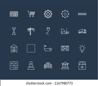 Set Of 20 black linear icons such as Voltmeter, Museum, Building, Cone, Calculator, Ruler, Forklift, Bathtub, Warehouse, Crane, Settings, editable stroke vector icon pack