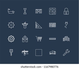 Set Of 20 black linear icons such as Wrench, Dumper, Tractor, Crane, Paint brush, Padlock, Brick wall, Wheelbarrow, Settings, Sink, House, editable stroke vector icon pack