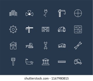Set Of 20 black linear icons such as Concrete mixer, Ruler, Museum, Bathtub, Paint brush, Windows, Truck, Wrench, Home, Crane, Plug, editable stroke vector icon pack