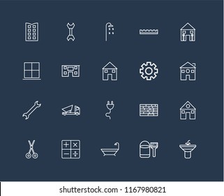 Set Of 20 black linear icons such as Sink, Paint bucket, Bathtub, Calculator, Scissors, Home repair, Settings, Plug, Wrench, House, Shower, editable stroke vector icon pack