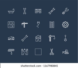 Set Of 20 black linear icons such as Excavator, Scissors, Tractor, Castle, Paint roller, Wrench, Building, Home, Dumper, Crane, House, editable stroke vector icon pack