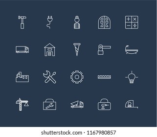 Set Of 20 black linear icons such as Measuring tape, Toolbox, Dumper, Crane, Calculator, Barrier, Settings, Factory, Warehouse, Worker, editable stroke vector icon pack