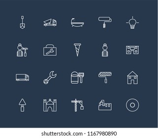 Set Of 20 black linear icons such as Circular saw, Factory, Crane, Castle, Trowel, Idea, Worker, Paint bucket, Delivery truck, Toolbox, Bathtub, editable stroke vector icon pack