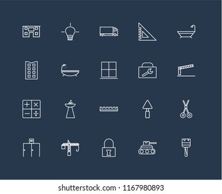 Set Of 20 black linear icons such as Paint brush, Tank, Padlock, Crane, Toilet, Bathtub, Toolbox, Ruler, Calculator, Delivery truck, editable stroke vector icon pack