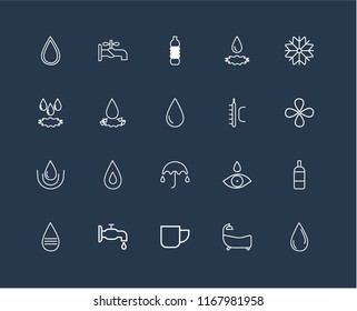 Set Of 20 black linear icons such as Water drop, Bathtub, Mug, Watertap, Message, Snow, Temperature, Umbrella, Drop, Bottle, editable stroke vector icon pack