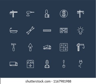 Set Of 20 black linear icons such as Plug, Shovel, Worker, Voltmeter, Delivery truck, Crane, House, Dumper, Hammer, Wrench, editable stroke vector icon pack