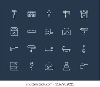 Set Of 20 black linear icons such as Driller, Cone, Toolbox, Plug, Calculator, Castle, Delivery truck, Ruler, Trowel, editable stroke vector icon pack