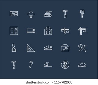 Set Of 20 black linear icons such as Protractor, Money, Measuring tape, Plug, Hammer, Paint brush, Crane, Dumper, Worker, Delivery truck, Tank, editable stroke vector icon pack