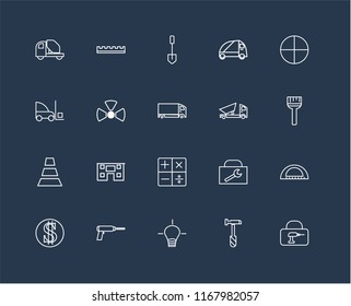 Set Of 20 black linear icons such as Toolbox, Hammer, Idea, Driller, Money, Windows, Dumper, Calculator, Cone, Nuclear, Shovel, editable stroke vector icon pack