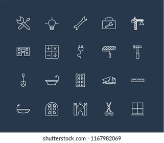 Set Of 20 black linear icons such as Window, Scissors, Castle, Building, Bathtub, Crane, Paint roller, Shovel, Calculator, Wrench, editable stroke vector icon pack