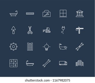 Set Of 20 black linear icons such as Building, Delivery truck, Wrench, Bathtub, Calculator, Museum, Plug, Idea, Settings, Scissors, Toolbox, editable stroke vector icon pack