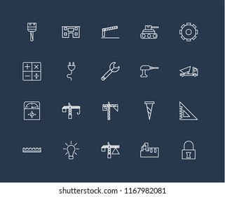 Set Of 20 black linear icons such as Padlock, Factory, Crane, Idea, Ruler, Settings, Driller, Voltmeter, Plug, Barrier, editable stroke vector icon pack