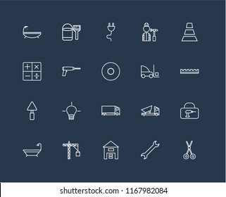 Set Of 20 black linear icons such as Scissors, Wrench, Warehouse, Crane, Bathtub, Cone, Forklift, Delivery truck, Trowel, Driller, Plug, editable stroke vector icon pack