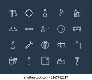 Set Of 20 black linear icons such as Hammer, Factory, Calculator, Shovel, Paint bucket, Worker, Circular saw, Money, Sink, Ruler, editable stroke vector icon pack