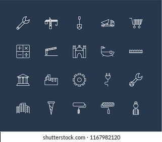 Set Of 20 black linear icons such as Worker, Paint roller, Screw, Building, Wheelbarrow, Bathtub, Settings, Museum, Barrier, Shovel, editable stroke vector icon pack