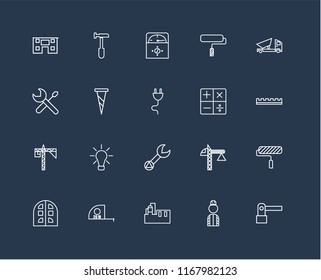 Set Of 20 black linear icons such as Barrier, Worker, Factory, Measuring tape, Building, Dumper, Calculator, Wrench, Crane, Screw, Voltmeter, editable stroke vector icon pack