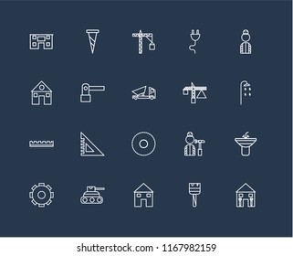 Set Of 20 black linear icons such as Home repair, Paint brush, House, Tank, Settings, Worker, Crane, Circular saw, Ruler, Barrier, editable stroke vector icon pack