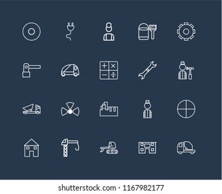 Set Of 20 black linear icons such as Concrete mixer, House, Excavator, Crane, Settings, Wrench, Factory, Dumper, Truck, Worker, editable stroke vector icon pack