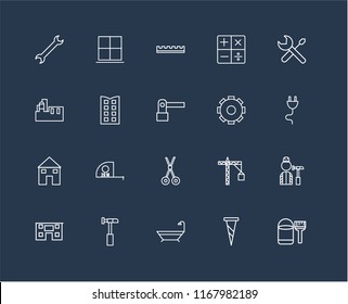 Set Of 20 black linear icons such as Paint bucket, Screw, Bathtub, Hammer, House, Screwdriver, Settings, Scissors, Building, Ruler, editable stroke vector icon pack