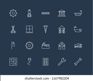 Set Of 20 black linear icons such as Wrench, Building, Plug, Calculator, Bathtub, Home repair, Factory, Shower, Window, Ruler, editable stroke vector icon pack