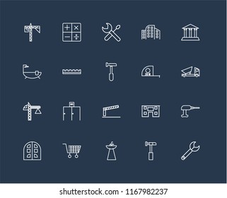 Set Of 20 black linear icons such as Wrench, Hammer, Sink, Wheelbarrow, Building, Museum, Measuring tape, Barrier, Crane, Ruler, Screwdriver, editable stroke vector icon pack