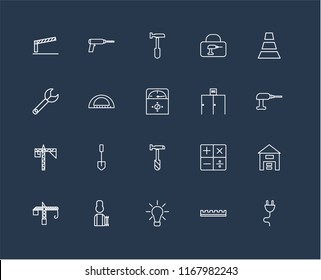 Set Of 20 black linear icons such as Plug, Ruler, Idea, Worker, Crane, Cone, Toilet, Hammer, Protractor, editable stroke vector icon pack