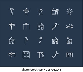 Set Of 20 black linear icons such as House, Wrench, Crane, Calculator, Idea, Plug, Toilet, Sink, editable stroke vector icon pack