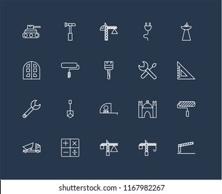 Set Of 20 black linear icons such as Barrier, Crane, Calculator, Dumper, Sink, Screwdriver, Measuring tape, Wrench, Paint roller, editable stroke vector icon pack