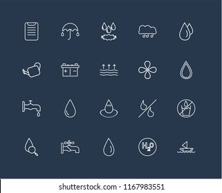 Set Of 20 black linear icons such as Sailboat, H2o, Water drop, Faucet, Drop, Drops, Water, Tap, Battery, editable stroke vector icon pack