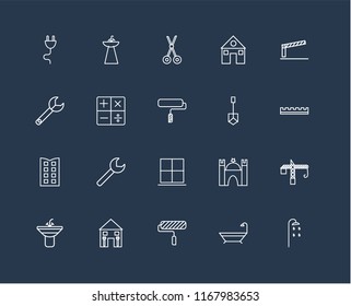 Set Of 20 black linear icons such as Shower, Bathtub, Paint roller, Home repair, Sink, Barrier, Shovel, Window, Building, Calculator, Scissors, editable stroke vector icon pack