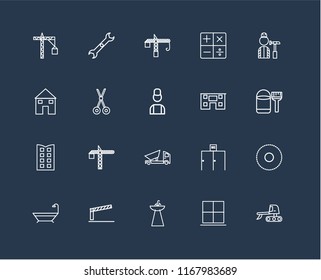 Set Of 20 black linear icons such as Excavator, Window, Sink, Barrier, Bathtub, Worker, House, Dumper, Building, Scissors, Crane, editable stroke vector icon pack