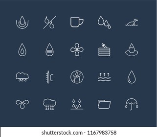 Set Of 20 black linear icons such as Umbrella, Folder, Drops, Rain, Duck, Hose, No water, Message, Mug, editable stroke vector icon pack