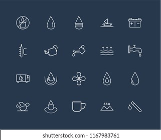 Set Of 20 black linear icons such as Test tube, Rainy Landscape, Mug, Water, Pitcher, Battery, Evaporation, Drop, Delivery truck, Watering Can, Message, editable stroke vector icon pack