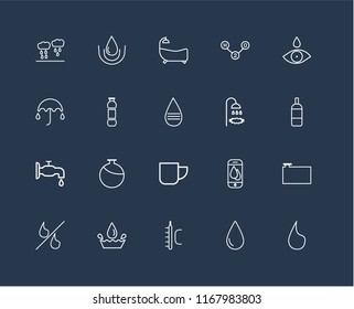 Set Of 20 black linear icons such as Drop, Temperature, Water, Percent, Shower, Mug, Watertap, Bathtub, editable stroke vector icon pack