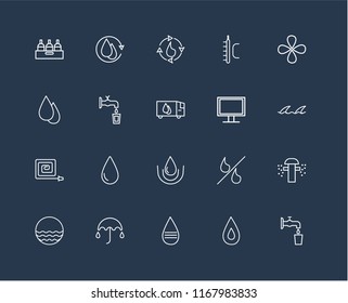 Set Of 20 black linear icons such as Water, Message, Umbrella, Waves, Drop, Monitor, Fire Hose, Water cycle, editable stroke vector icon pack