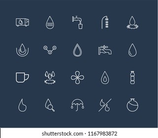 Set Of 20 black linear icons such as Canteen, Percent, Umbrella, Drop, Water drop, Faucet, Mug, H2o, Water, editable stroke vector icon pack