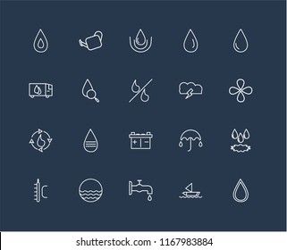 Set Of 20 black linear icons such as Drop, Sailboat, Tap, Waves, Temperature, Storm, Battery, Water cycle, editable stroke vector icon pack