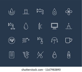 Set Of 20 black linear icons such as Bottle, H2o, Percent, Temperature, Clipboard, Drop, Monitor, Water, Watertap, editable stroke vector icon pack