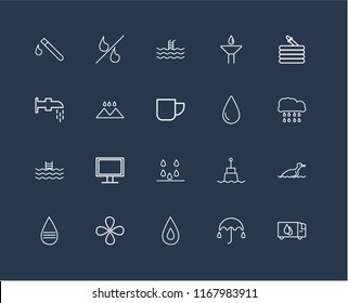 Set Of 20 black linear icons such as Delivery truck, Umbrella, Water, Drop, Message, Hose, Drops, Swimming pool, Rainy Landscape, editable stroke vector icon pack