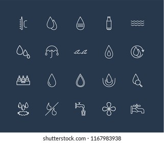Set Of 20 black linear icons such as Faucet, Drop, Water, Percent, Bottle, Umbrella, Message, editable stroke vector icon pack