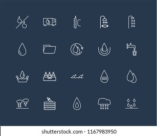 Set Of 20 black linear icons such as Drops, Rain, Water, Hose, Shower, Drop, Waves, Folder, Temperature, editable stroke vector icon pack