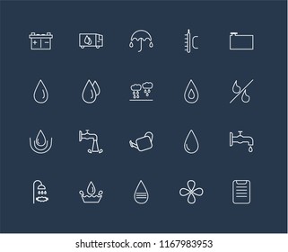 Set Of 20 black linear icons such as Clipboard, Drop, Message, Water, Shower, Water Container, Watering Can, Drops, Umbrella, editable stroke vector icon pack